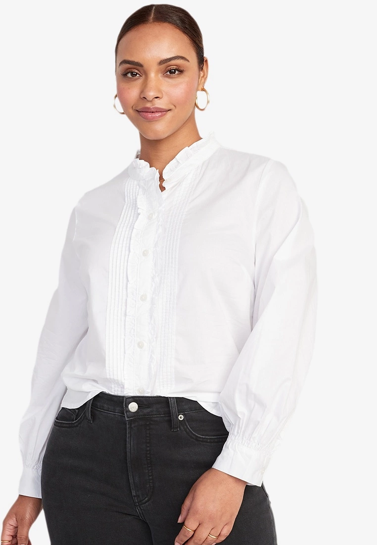 Old Navy Ruffle-Trimmed Pintucked Collarless Tuxedo Shirt 3 Old Navy Ruffle-Trimmed Pintucked Collarless Tuxedo Shirt