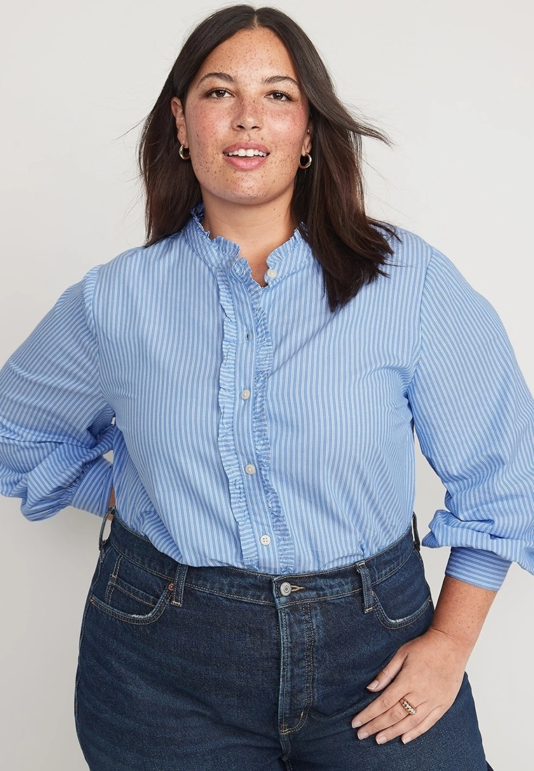 Old Navy Ruffle-Trimmed Striped Collarless Tuxedo Shirt 8 Old Navy Ruffle-Trimmed Striped Collarless Tuxedo Shirt - Billede 6