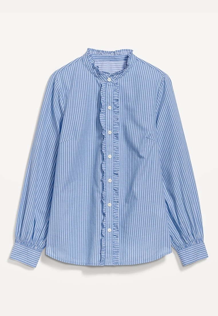 Old Navy Ruffle-Trimmed Striped Collarless Tuxedo Shirt 10 Old Navy Ruffle-Trimmed Striped Collarless Tuxedo Shirt - Billede 8