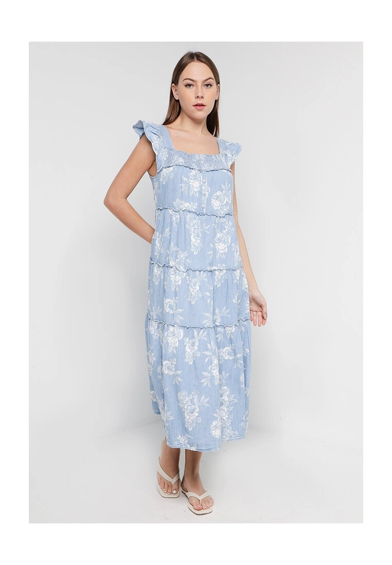 Old Navy Flutter Sleeves Floral Tiered Smocked Midi Swing Dress 6 Old Navy Flutter Sleeves Floral Tiered Smocked Midi Swing Dress - Billede 4